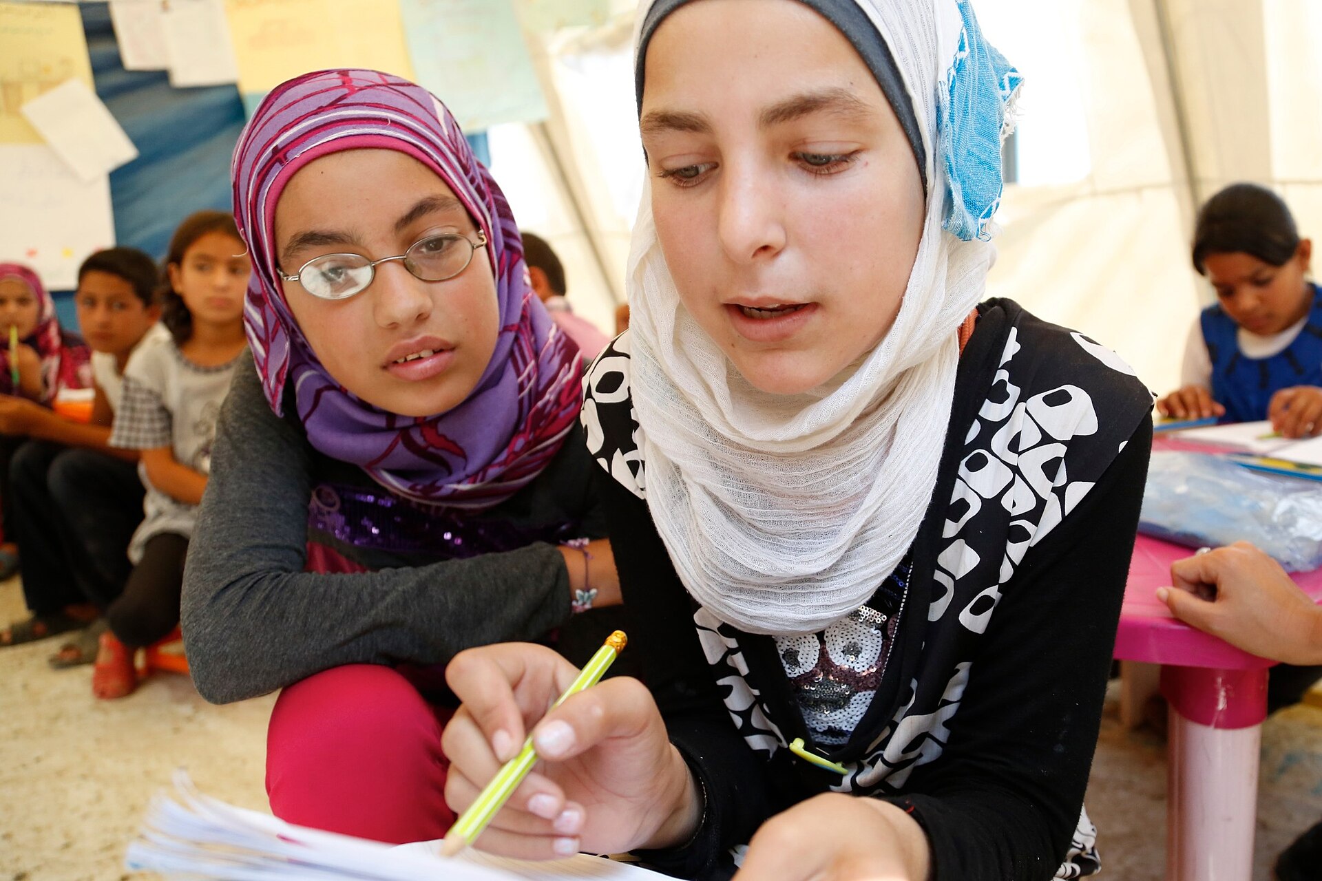 Syrian refugee children continue learning in a temporary school in northern Lebanon.